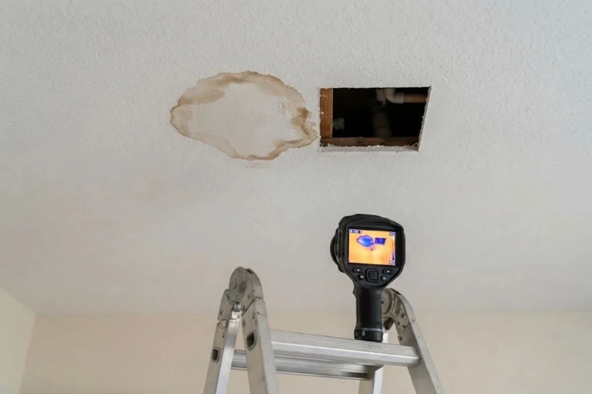 Water-stained ceiling with a small inspection opening cut beside it