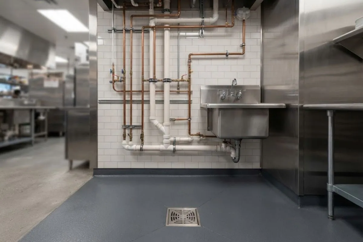 Floor drain and overhead piping in a commercial kitchen