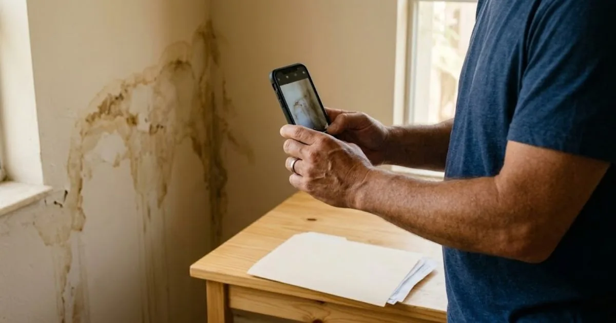 Photographing water damage on a wall for an insurance claim
