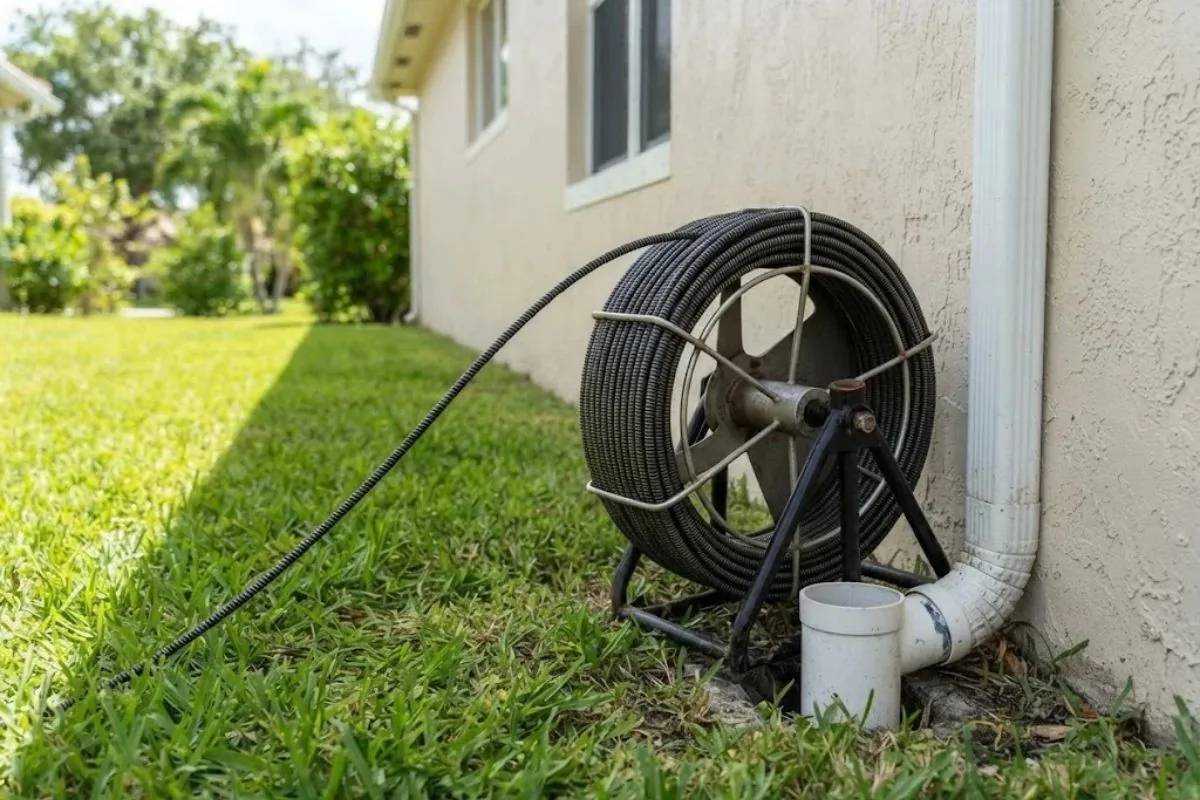 Drain cleaning cable machine feeding into a cleanout at a Hollywood, FL home