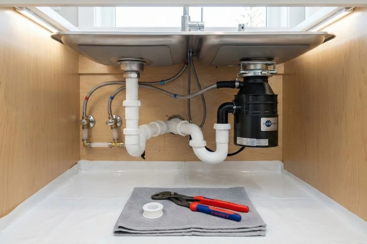 Open sink cabinet showing supply lines, shutoff valves and trap