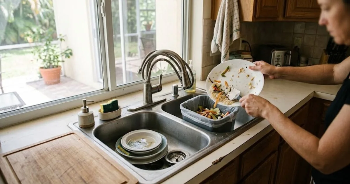 Scraping food scraps into the trash beside a sink with a disposal
