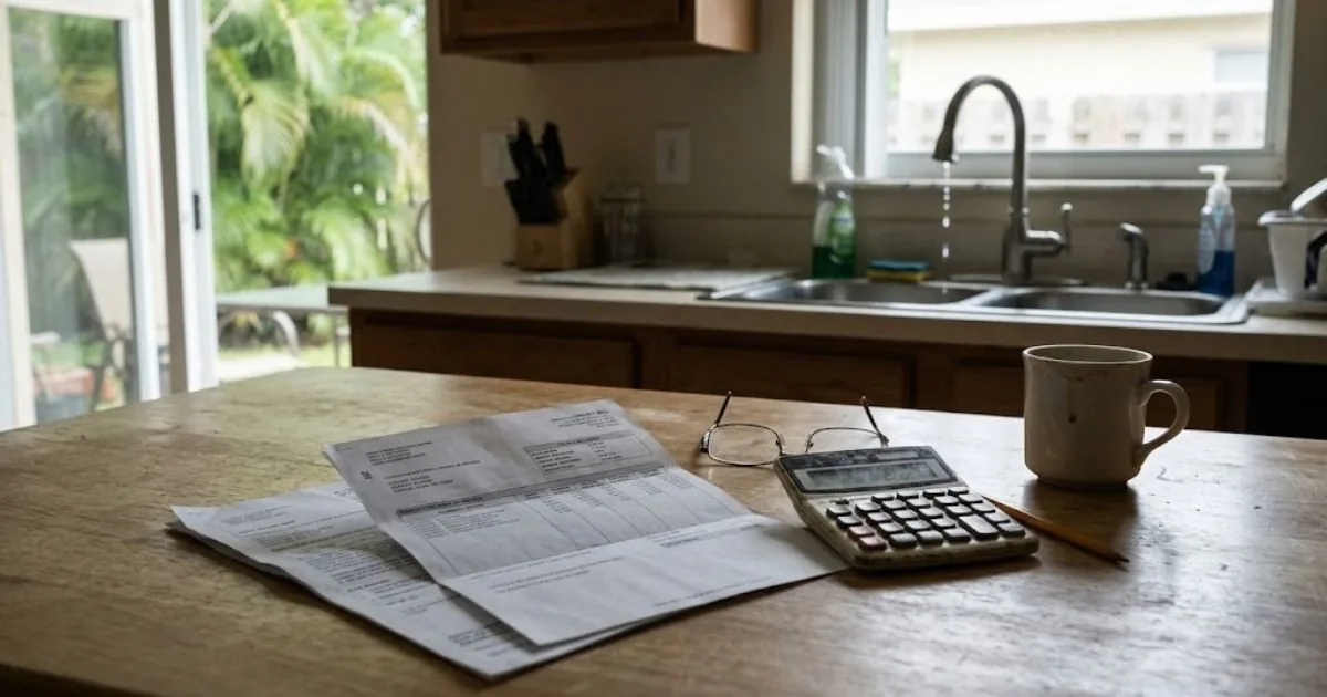 Water utility bill and calculator beside a dripping faucet