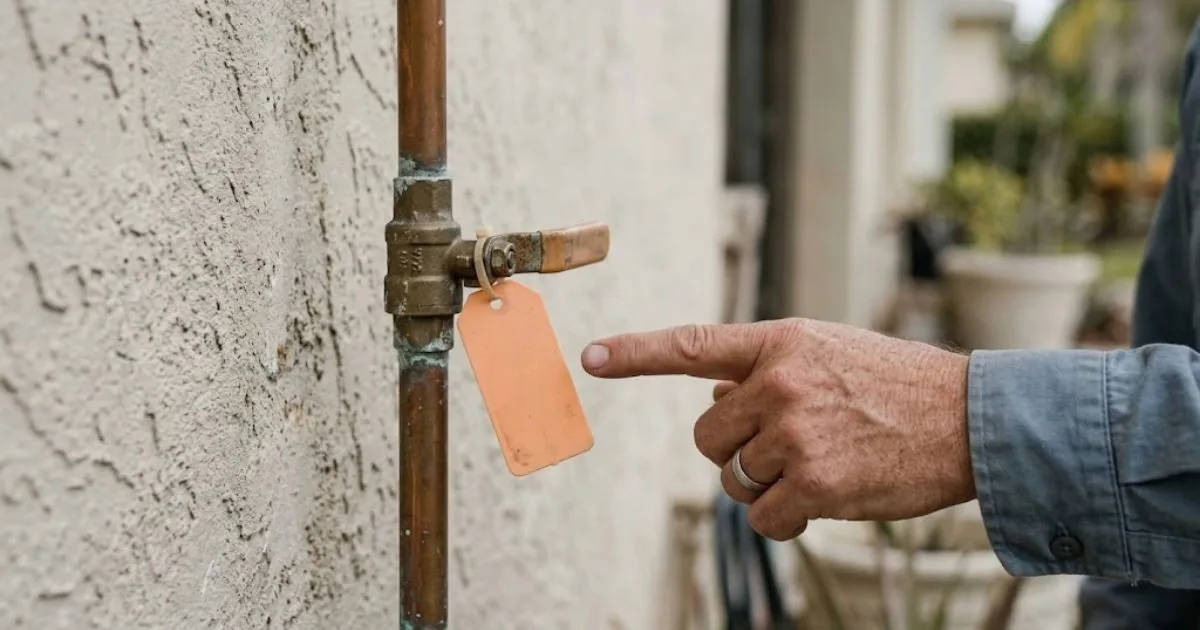 Main water shutoff valve on a garage wall