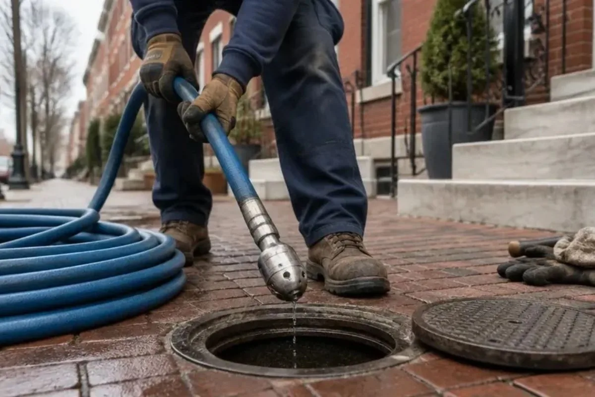 Hydro jetting hose and nozzle used to clean a drain line