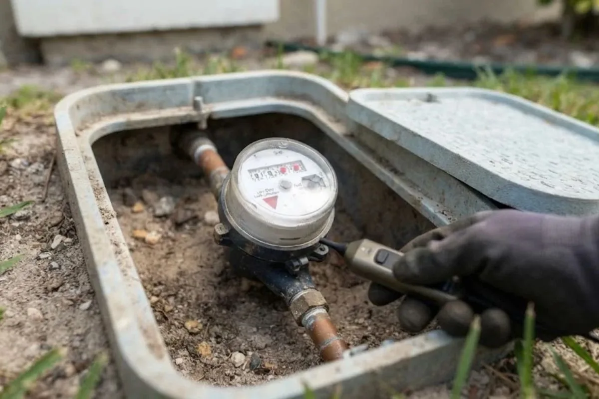 Residential water meter and leak indicator checked during leak detection in Hollywood, FL