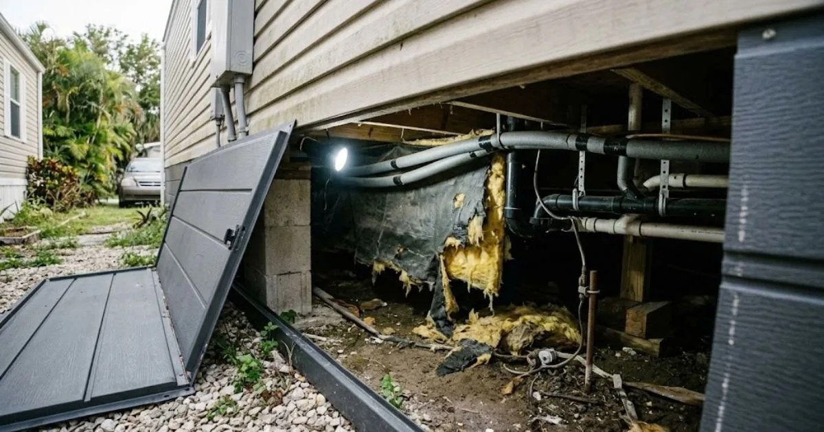 Access panel open under a mobile home showing plumbing lines
