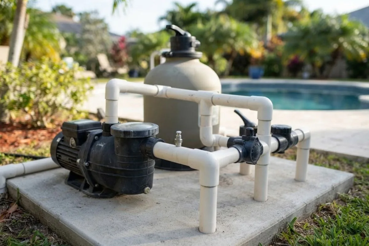 Pool equipment pad plumbing with a pressure test plug in place