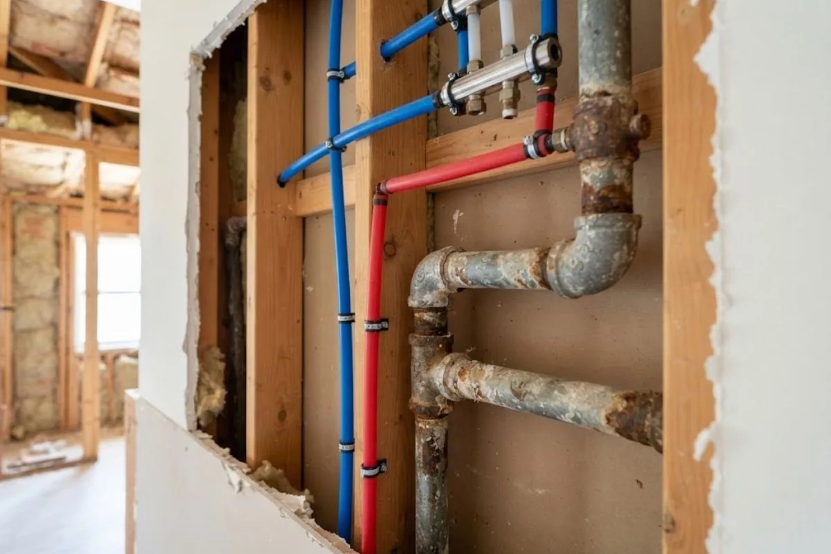 New PEX supply lines run beside old galvanized pipe during a repipe