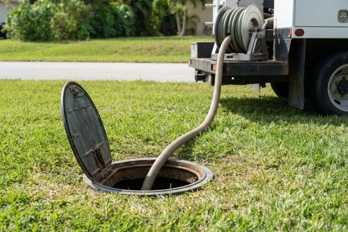 Septic tank access lid in a Hollywood, FL yard during a pumping visit