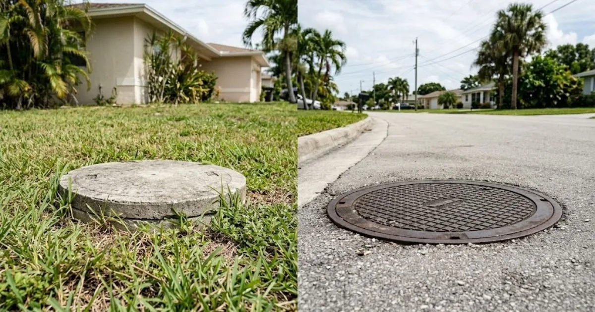Septic tank lid beside a city sewer manhole in a Florida neighborhood