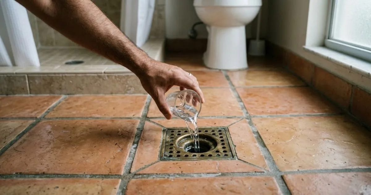 Pouring water into a dry floor drain trap
