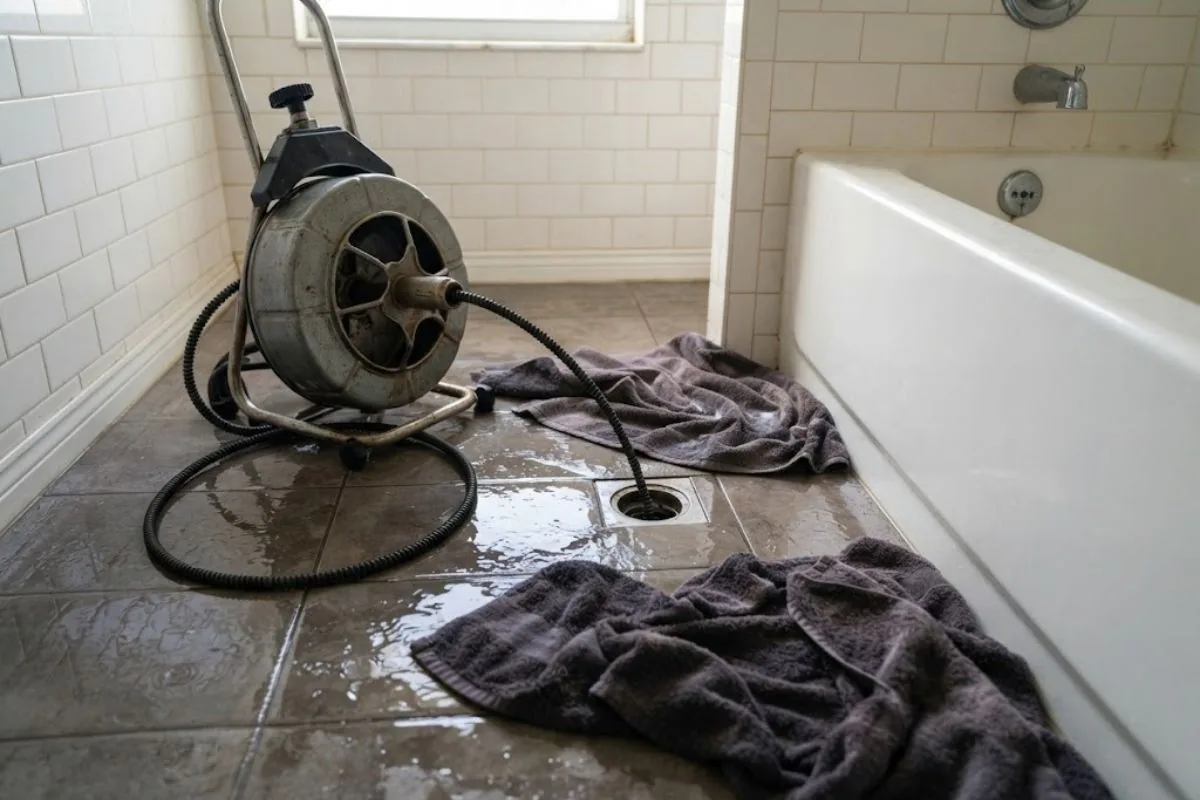 Cable machine set up at a bathroom drain during a sewer backup call