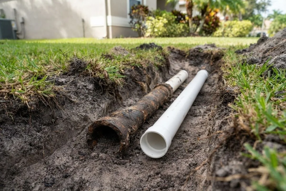 Old sewer pipe exposed in a trench next to new PVC pipe