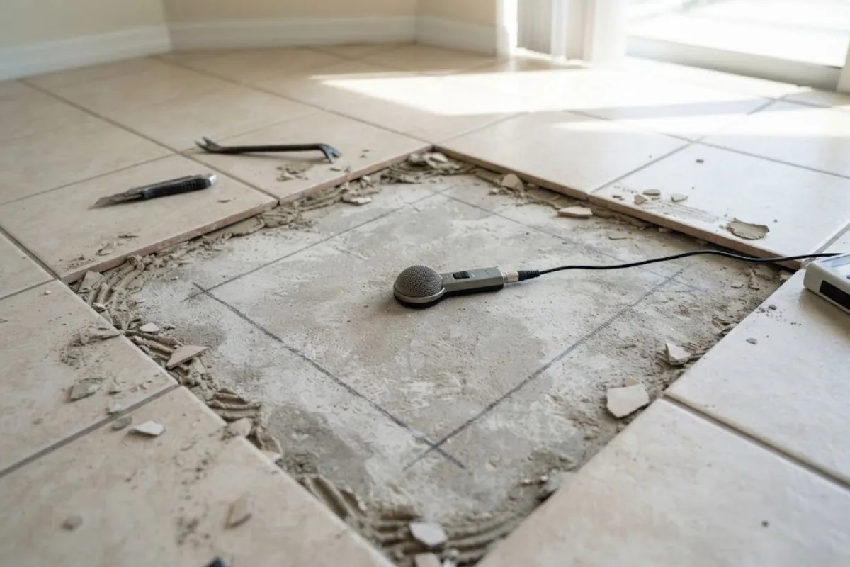 Slab leak location marked on a concrete floor after electronic testing