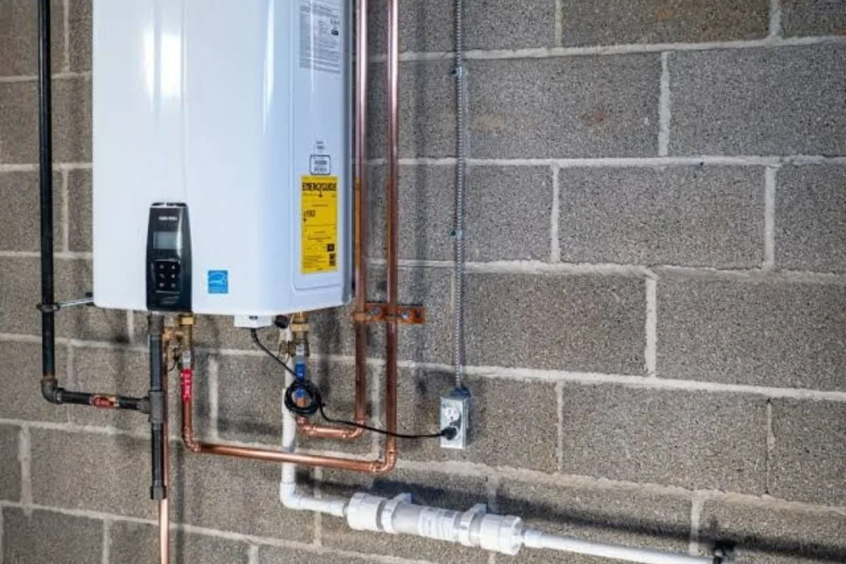 Tankless water heater with service valves and a flush hose attached