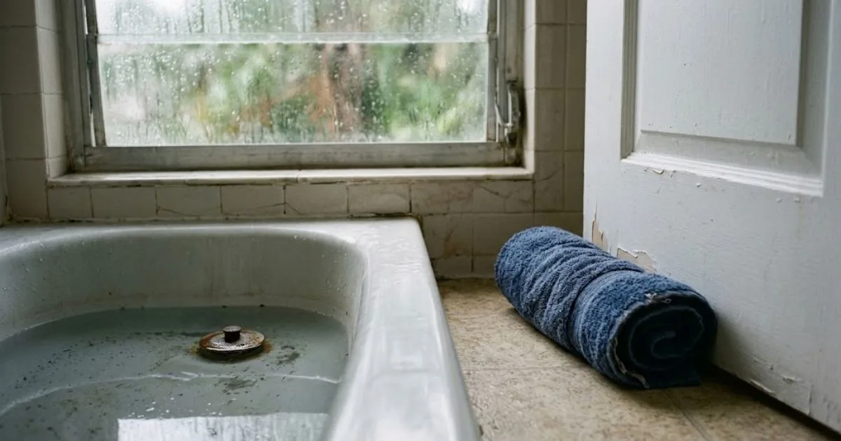 Tub drain backing up during heavy rain with towels at the door