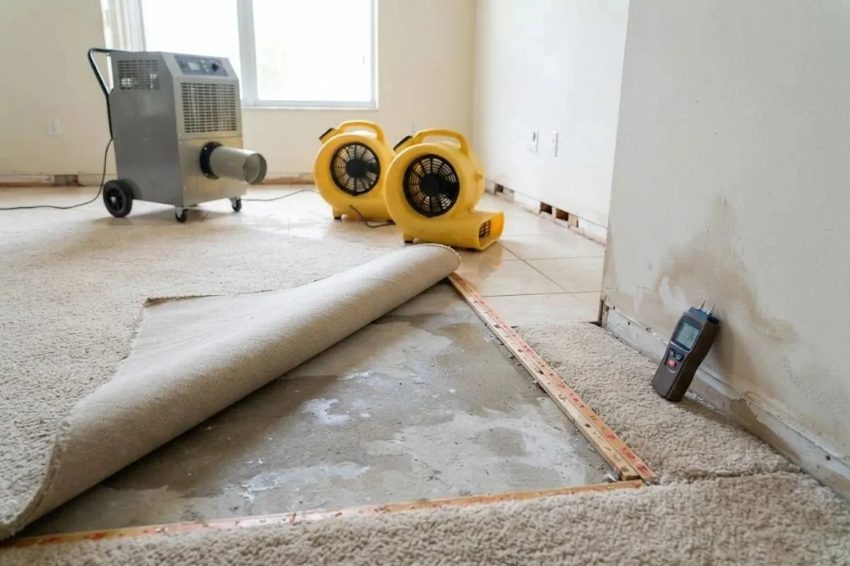 Air movers and a dehumidifier drying a water-damaged room in a Florida home