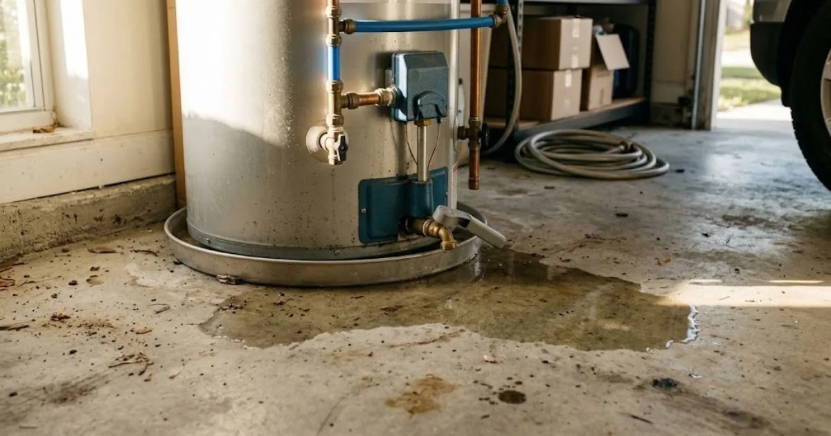 Puddle at the base of a tank water heater in a garage