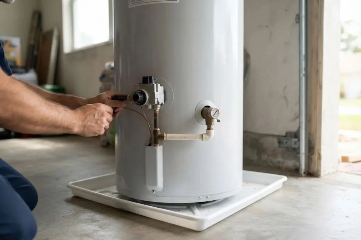 Tank water heater in a garage with relief valve and drain pan