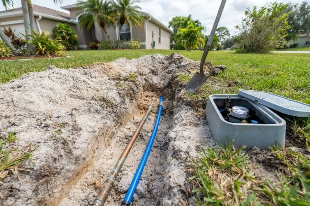 Excavation exposing a buried water service line near a meter box
