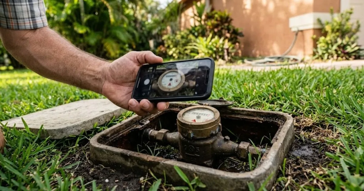 Reading a water meter dial and leak indicator