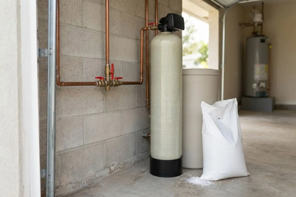 Water softener and brine tank installed in a garage