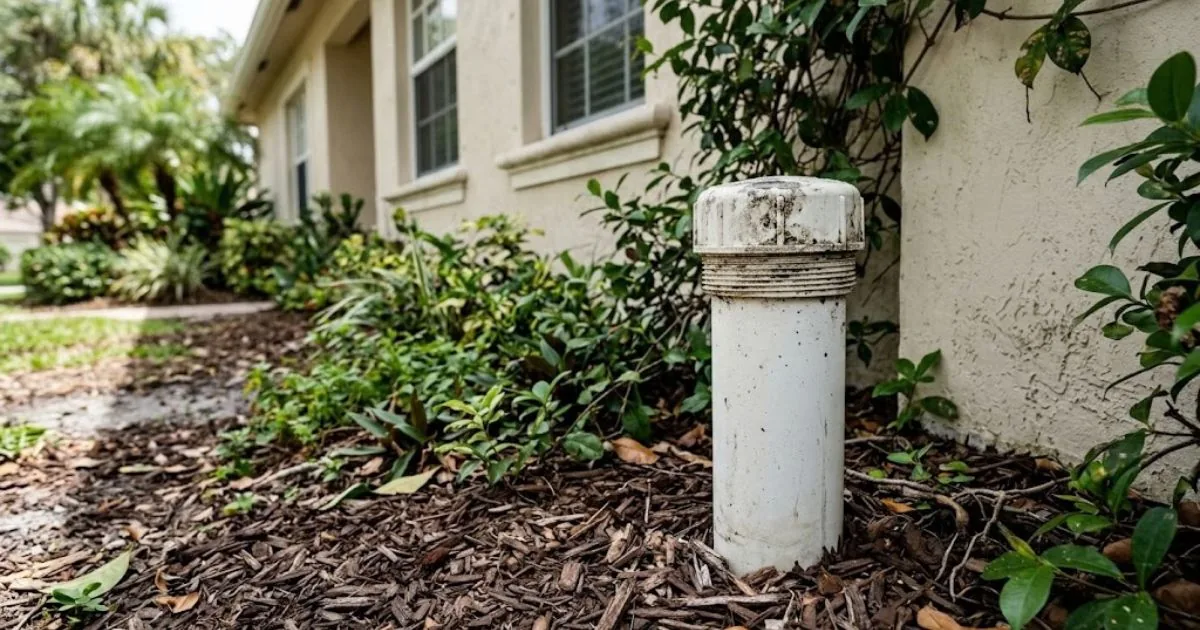 Capped sewer cleanout pipe beside a house wall